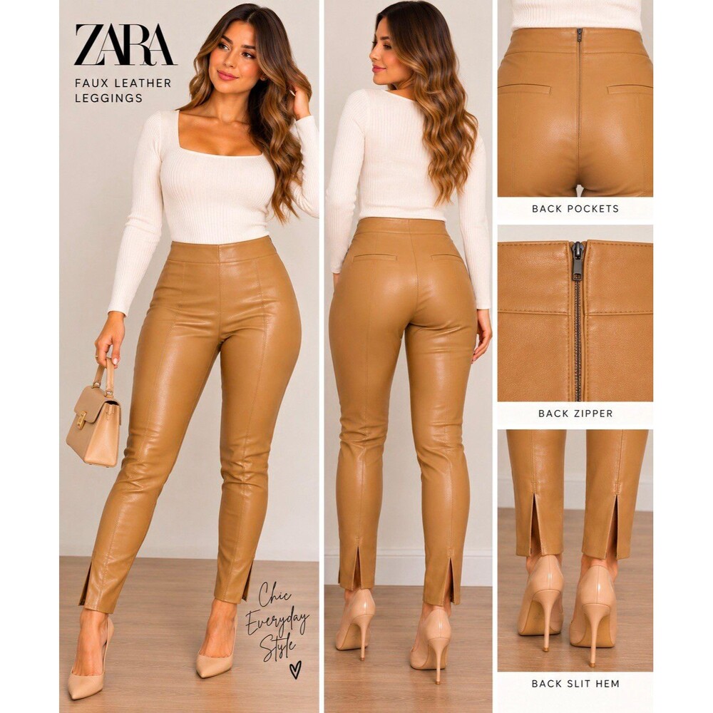 ZARA Women Faux Leather Leggings Camel Tan Size L High Rise Ankle Open New